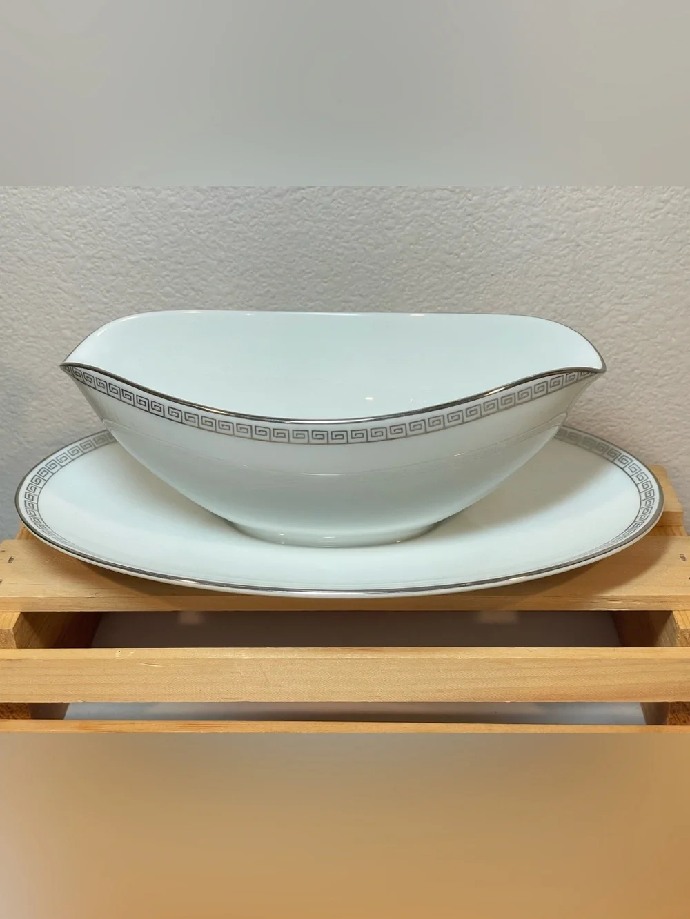 Noritake “Silver Key” White Ceramic Gravy Boat w Greek Key Border Silver Edging